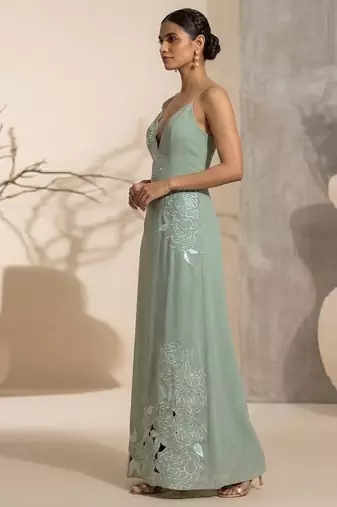 Sage green embroidered imported crepe gown