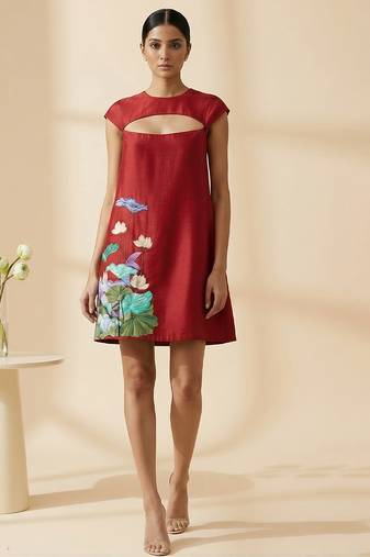Crimson red embroidered chanderi cotton dress