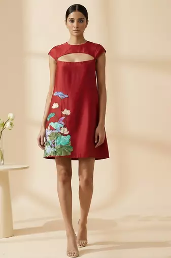Crimson red embroidered chanderi cotton dress