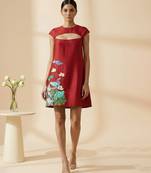 Crimson red embroidered chanderi cotton dress
