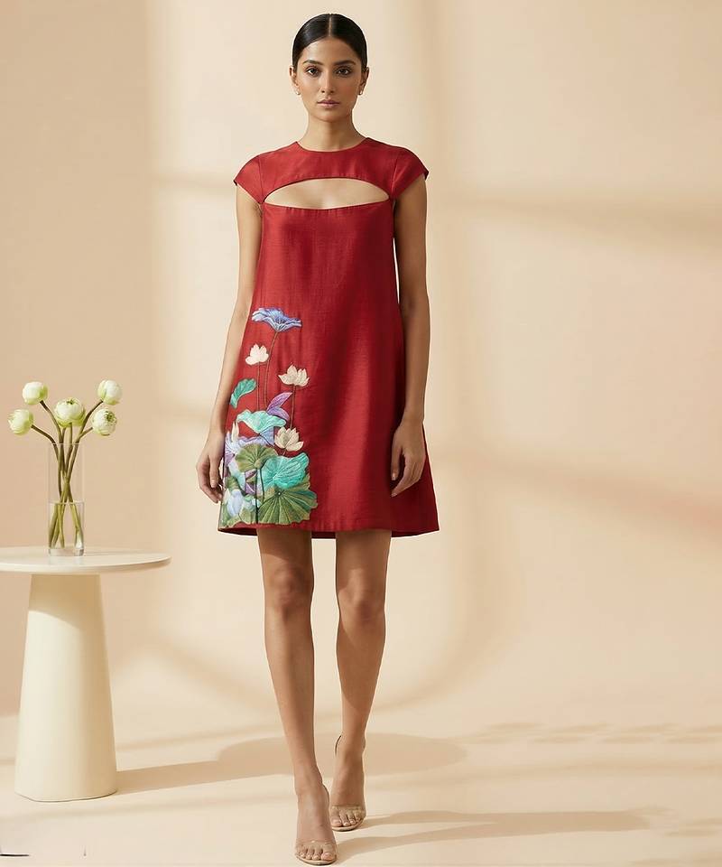 Crimson red embroidered chanderi cotton dress