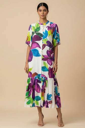 White printed silk shantoon dress