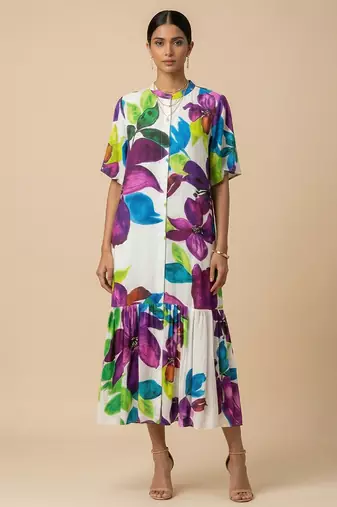White printed silk shantoon dress