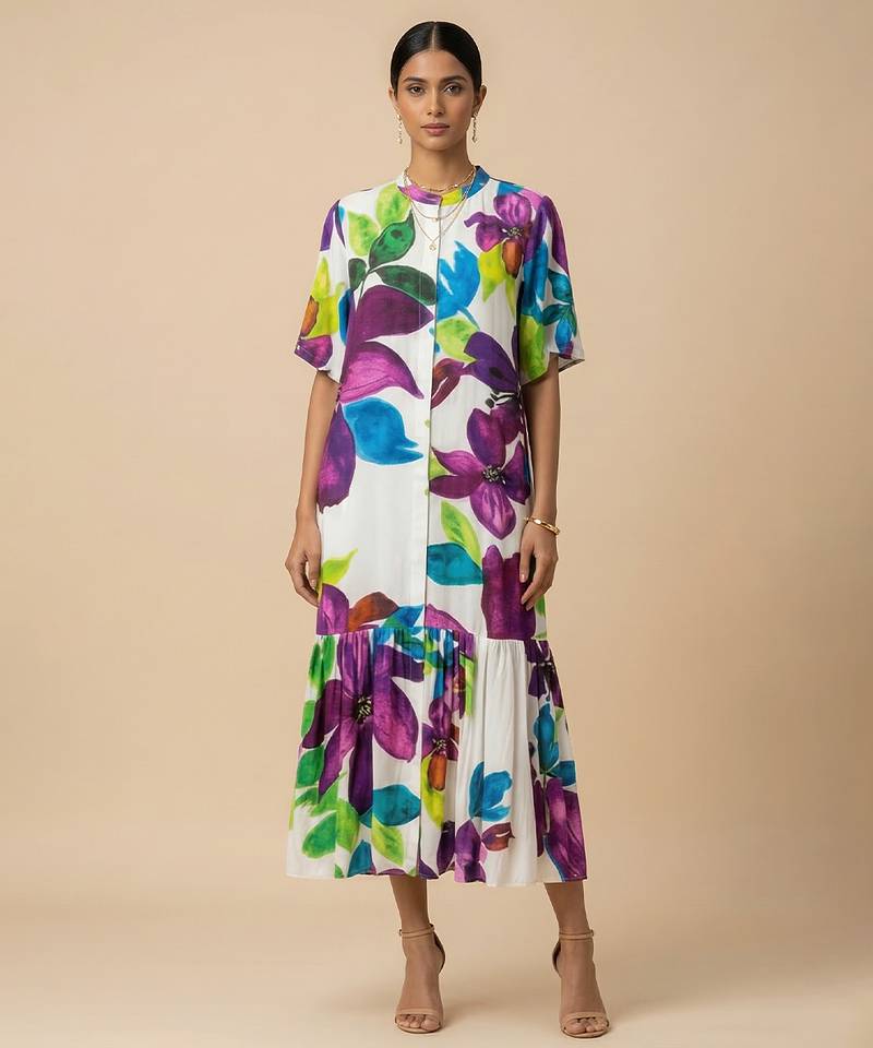 White printed silk shantoon dress