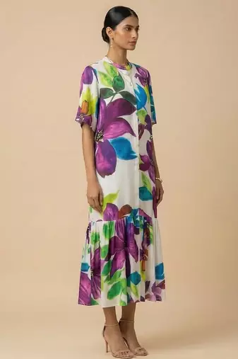 White printed silk shantoon dress