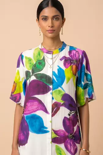 White printed silk shantoon dress
