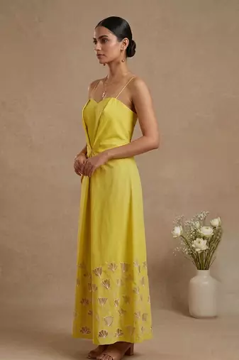 Yellow embroidered cotton poplin dress