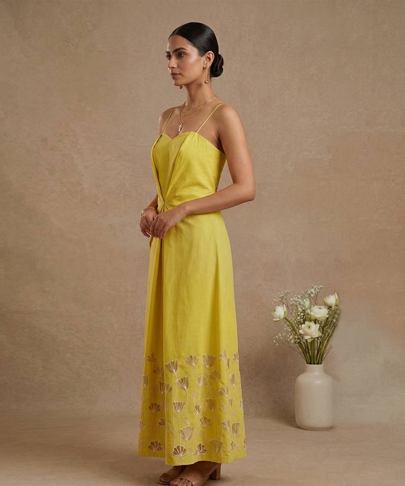Yellow embroidered cotton poplin dress
