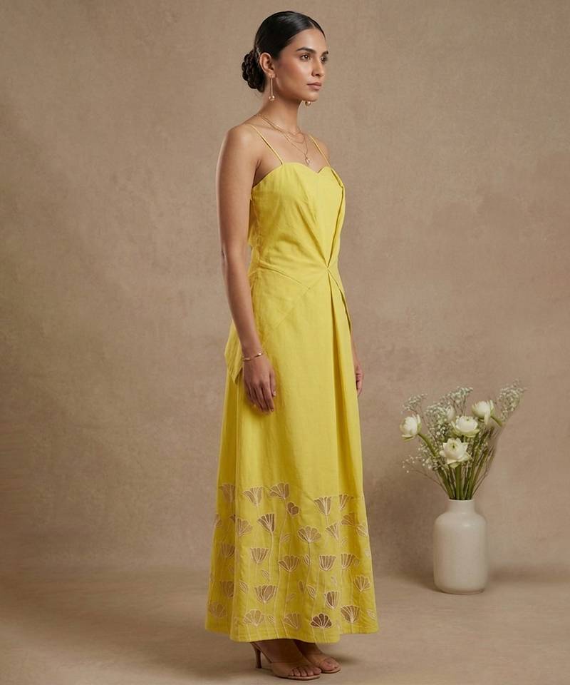 Yellow embroidered cotton poplin dress