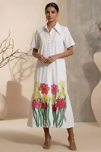 White embroidered cotton poplin dress