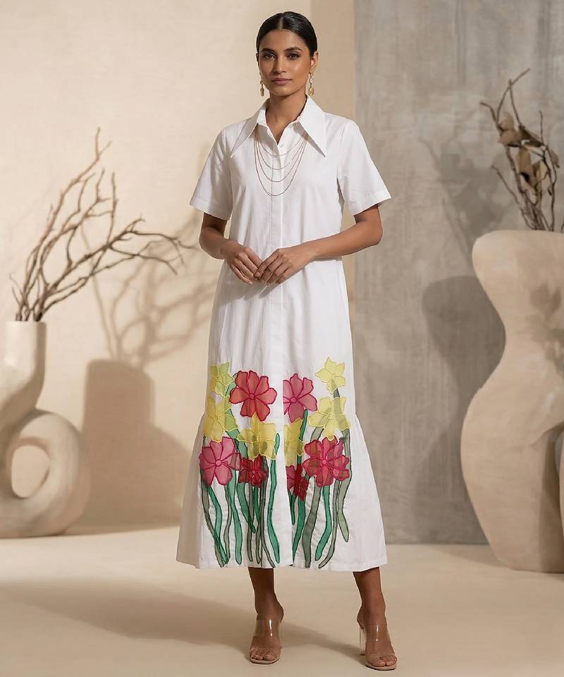 White embroidered cotton poplin dress
