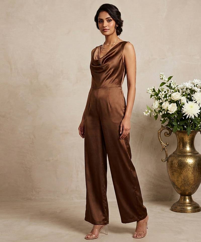 Chocolate brown imported satin jumpsuit