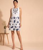 White blue embroidered cotton linen dress