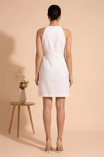 White blue embroidered cotton linen dress