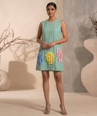 Sage green embroidered chanderi cotton dress 1
