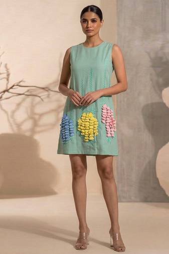 Sage green embroidered chanderi cotton dress