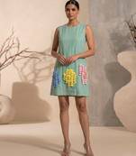 Sage green embroidered chanderi cotton dress