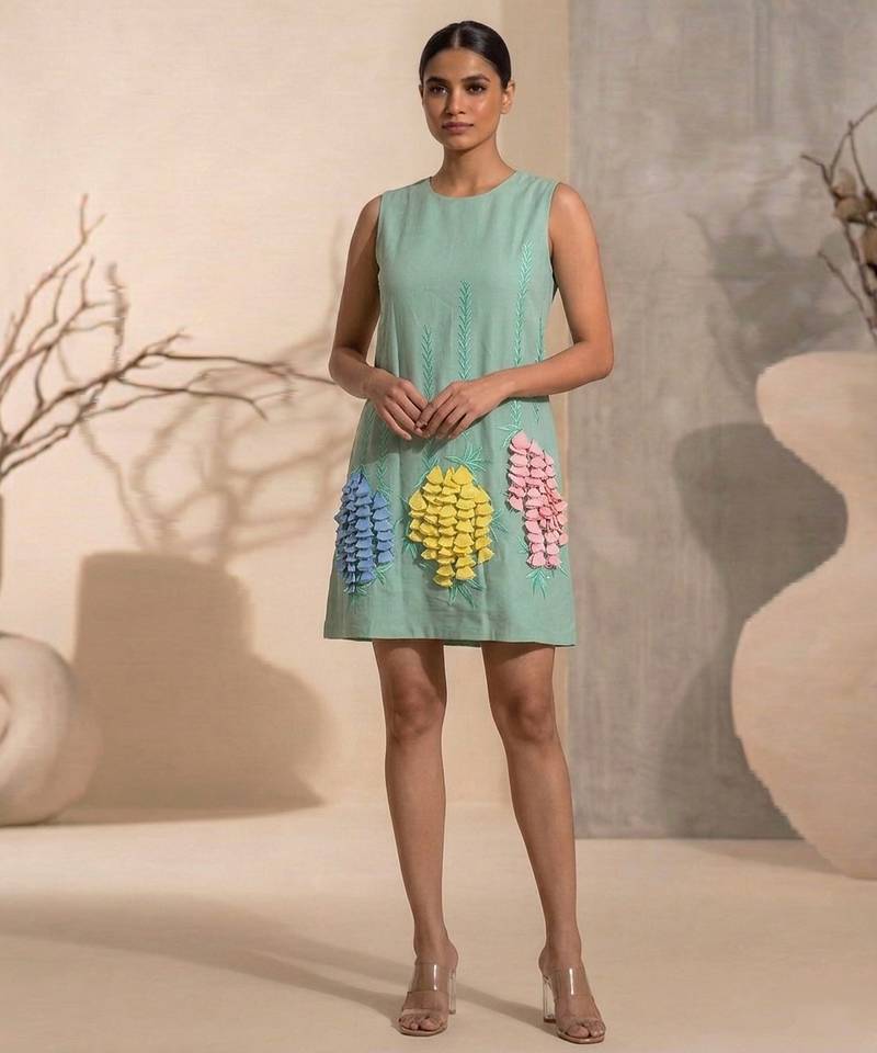 Sage green embroidered chanderi cotton dress