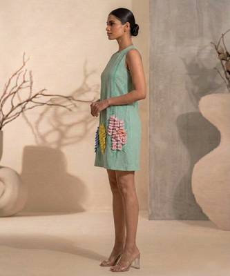 Sage green embroidered chanderi cotton dress 2