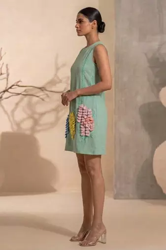 Sage green embroidered chanderi cotton dress