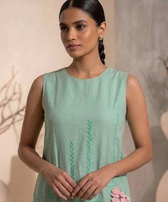 Sage green embroidered chanderi cotton dress 3