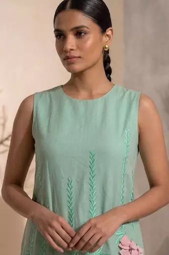 Sage green embroidered chanderi cotton dress