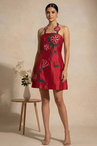 Crimson red embroidered chanderi cotton dress