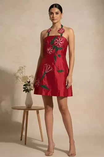 Crimson red embroidered chanderi cotton dress