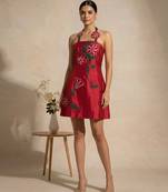 Crimson red embroidered chanderi cotton dress