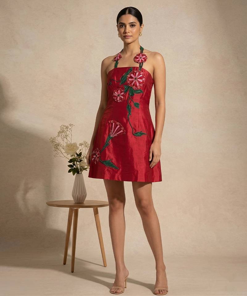 Crimson red embroidered chanderi cotton dress