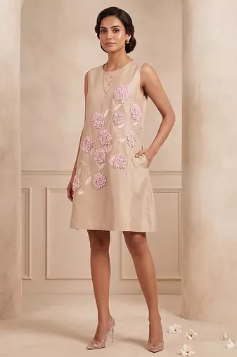 Beige embroidered chanderi cotton dress