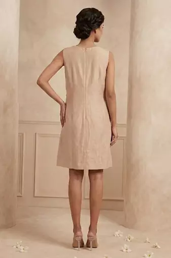 Beige embroidered chanderi cotton dress