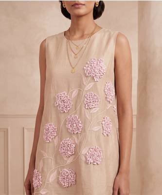 Beige embroidered chanderi cotton dress 3
