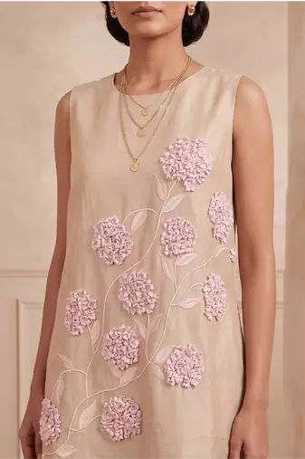 Beige embroidered chanderi cotton dress