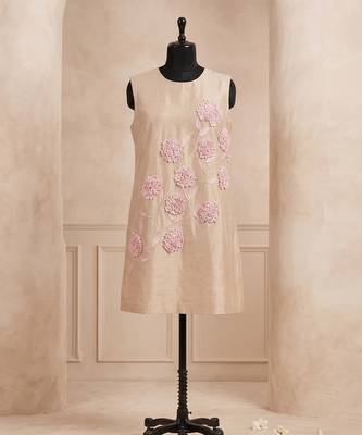 Beige embroidered chanderi cotton dress 4