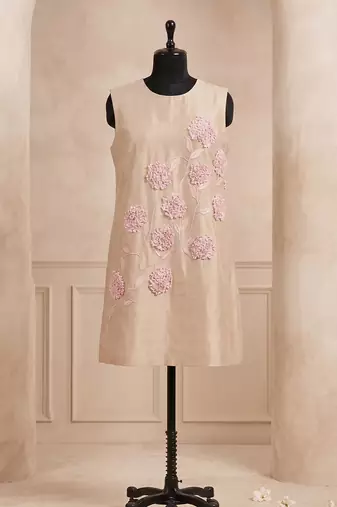 Beige embroidered chanderi cotton dress