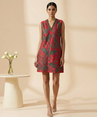 Crimson red embroidered chanderi cotton dress 1
