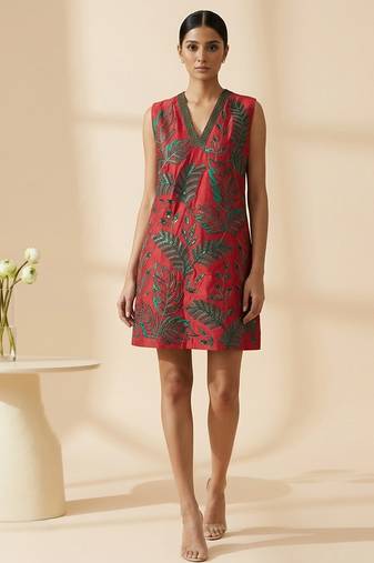 Crimson red embroidered chanderi cotton dress