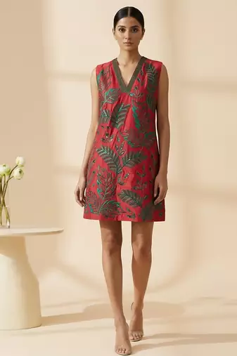 Crimson red embroidered chanderi cotton dress