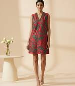 Crimson red embroidered chanderi cotton dress