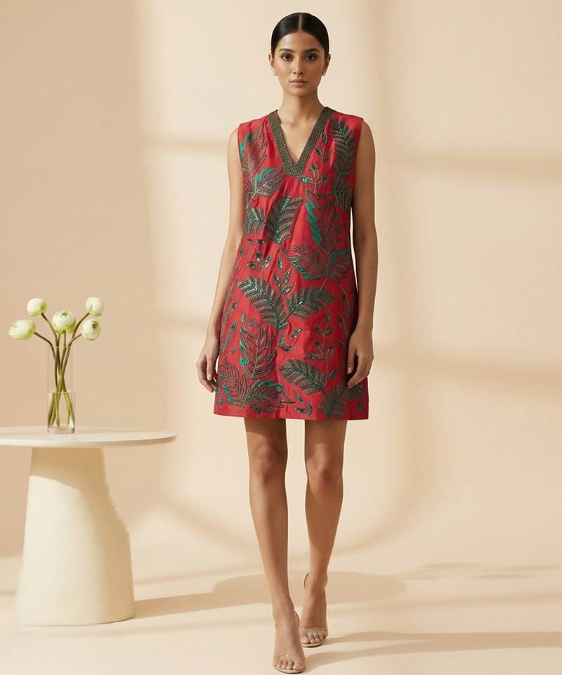 Crimson red embroidered chanderi cotton dress