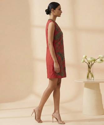 Crimson red embroidered chanderi cotton dress 2