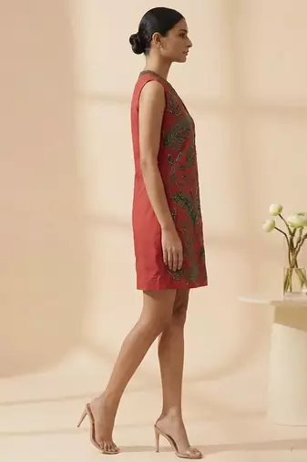 Crimson red embroidered chanderi cotton dress
