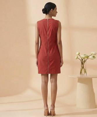 Crimson red embroidered chanderi cotton dress 3