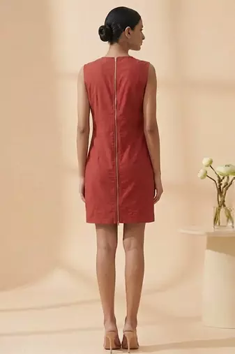 Crimson red embroidered chanderi cotton dress
