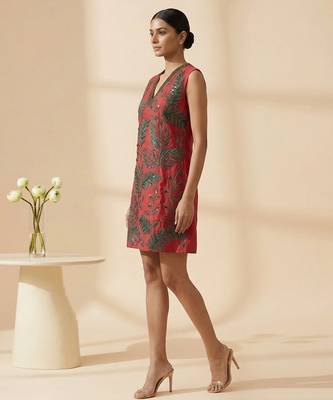 Crimson red embroidered chanderi cotton dress 4