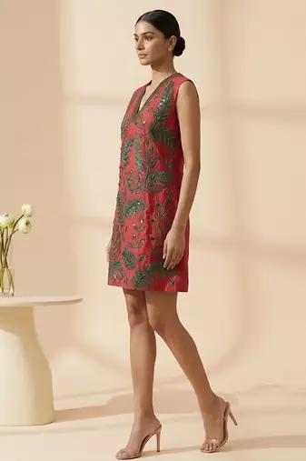 Crimson red embroidered chanderi cotton dress