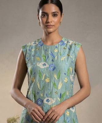 Sage green embroidered chanderi cotton dress 3