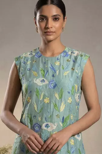Sage green embroidered chanderi cotton dress