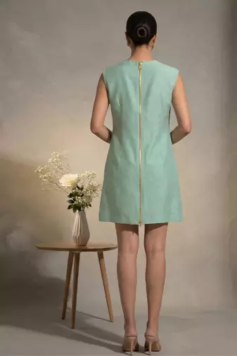 Sage green embroidered chanderi cotton dress